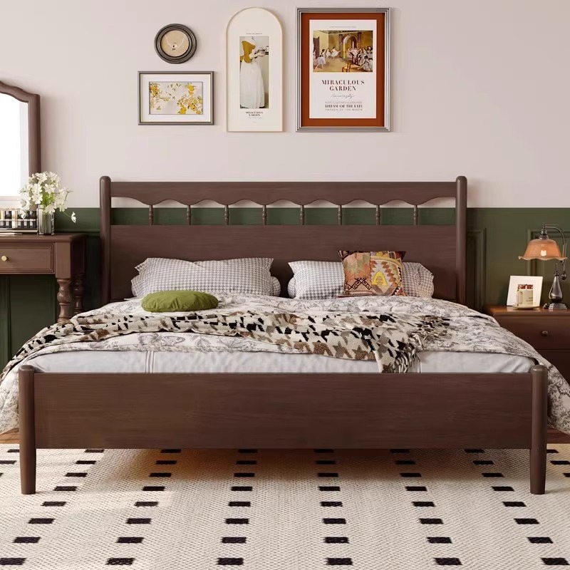 Mid-Century Style All-Solid Wood French Retro American Walnut Black Small Apartment Light Luxury 1.8m Double Single Bed
