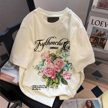 纯棉欧美潮牌玫瑰花短袖T恤男女宽松ins街头风复古半袖体恤上衣服