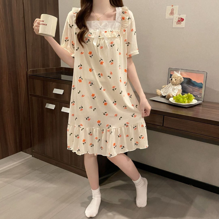 2024 pijama de mujer pijama de algodón de verano de manga corta encaje largo fresco ropa de hogar de estudiantes al por mayor