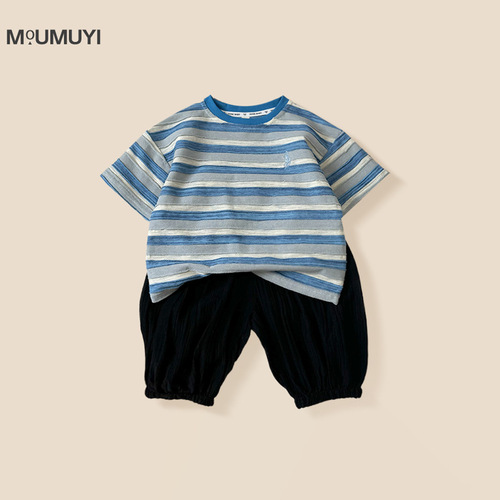 Boys striped short-sleeved suit 2025 new small and medium-sized children's summer Korean version casual short-sleeved mid-trouser two-piece set