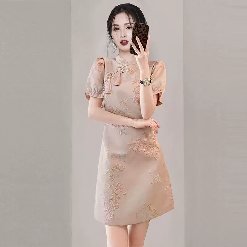 Элегантный чонсам, летняя юбка, китайский стиль, облегающий, рукава-фонарики
