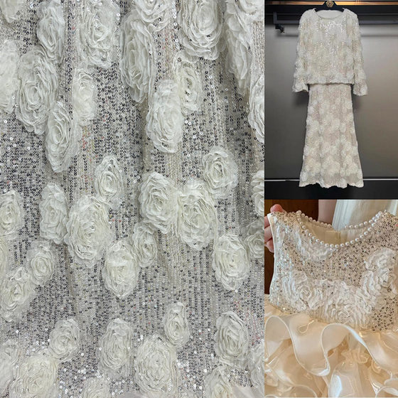 3mm Sequin Embroidered Stereo Rose Stretch Mesh Bead Fabric Women's Wear Children's Wear dress Bead Fabric
