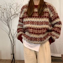2022年秋冬季新款復古幾何毛衣女韓版寬松顯瘦百搭長袖針織衫上衣