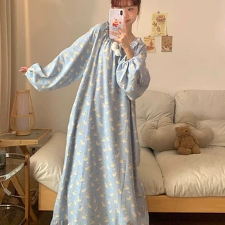 ins韩系甜美可爱卡通圆领印花睡裙睡衣女款2026春秋季长袖家居服