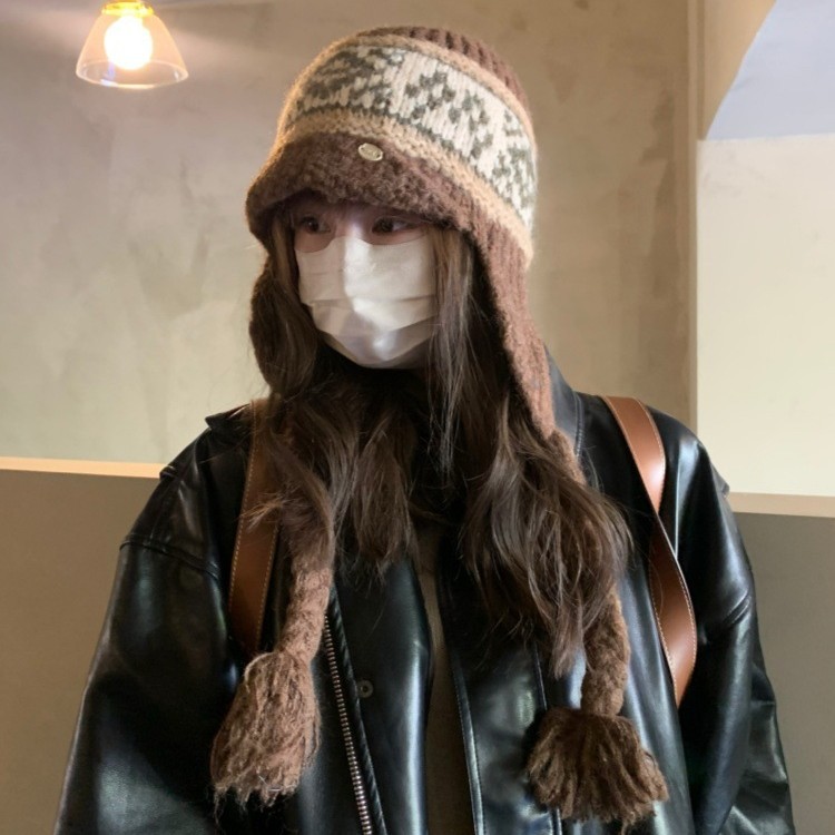 フェア島風毛糸帽子女子秋冬レトロ百合大頭囲保温ニット帽子顔小耳保護帽子