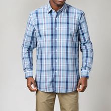 男士复古天蓝色格子长袖衬衫修身休闲跨境外贸原单商务棉大码男装