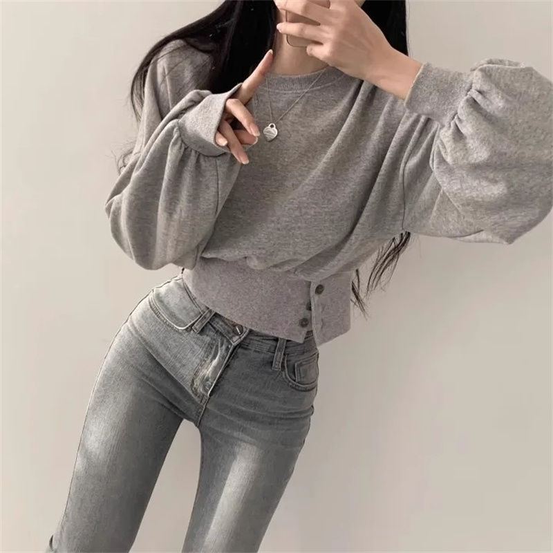 短款卫衣小众设计感圆领系扣加绒卫衣无帽韩系秋冬上衣女装|undefined