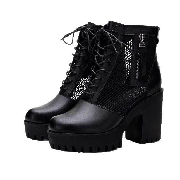 Botas de talón alto para mujeres 2026 nuevo tipo de suela suave ligera de moda versátil con lazos respirables botas frías de talón grueso botas individuales