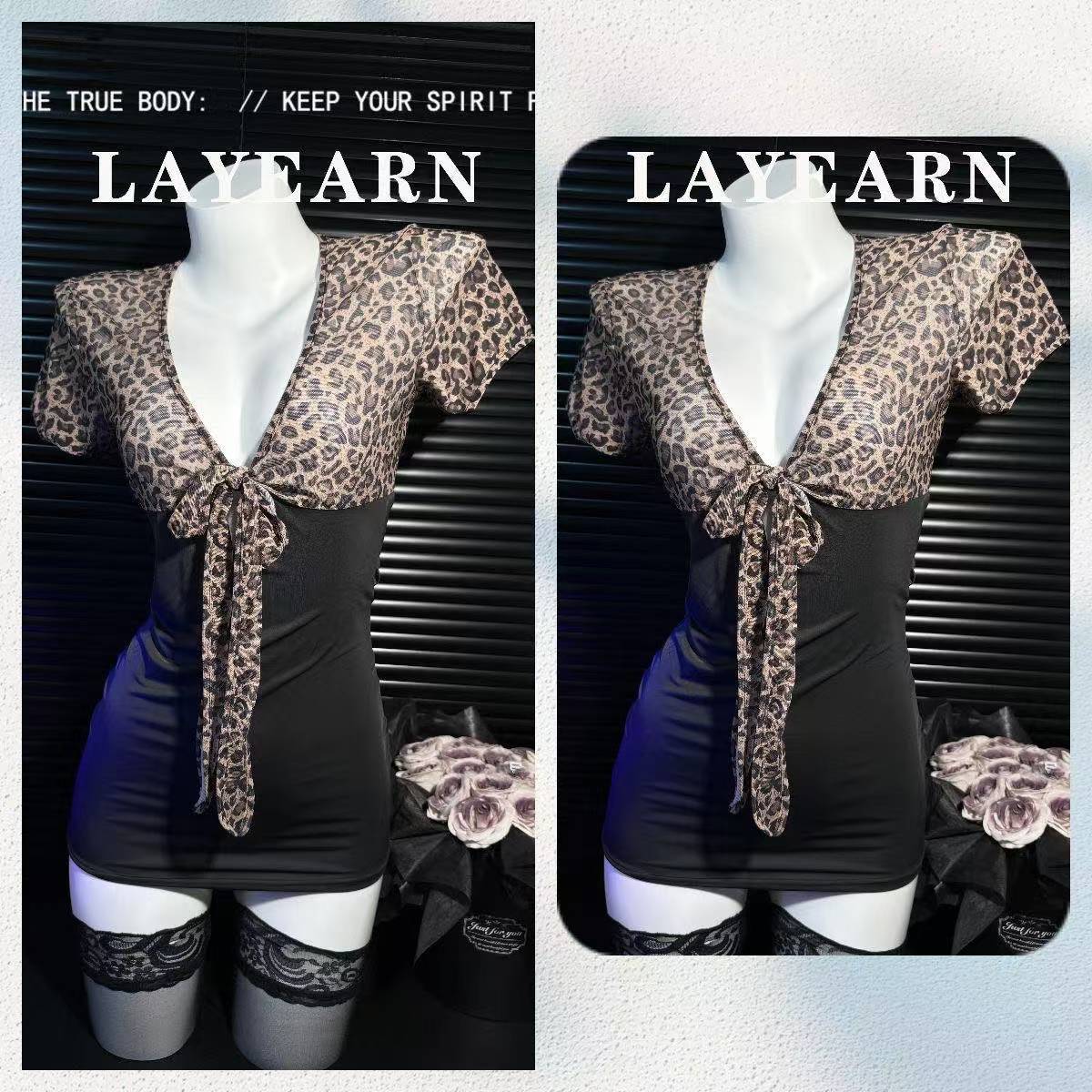 Leopard Print Deep V Lingerie Set with Lace-Up Top and Hip-Hugging Mini Skirt, One-Size Women’s Costume — detail image 1