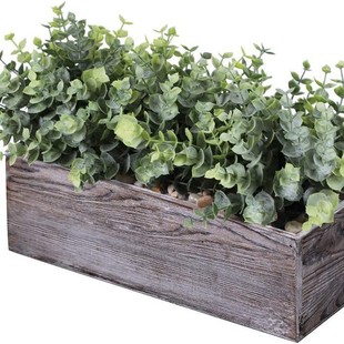 Imitation eucalyptus rectangular wooden flower pot bonsai artificial eucalyptus green plant pot bathroom window sill layout decoration