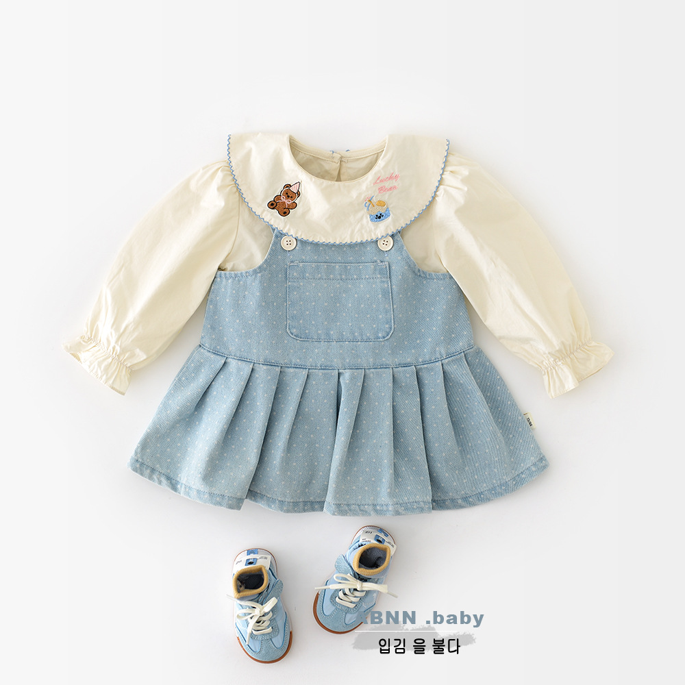 2025 New Autum Style Girls Denim Suspender Skirt Infant Baby Ruffle Dress 53768