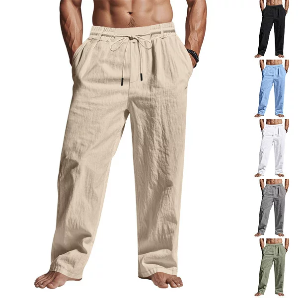 2026 Amazon Cross-Border New American-Style Drawstring Men's Simple and Stylish Solid Color Casual Cotton-Linen Straight-Leg Pants for Men