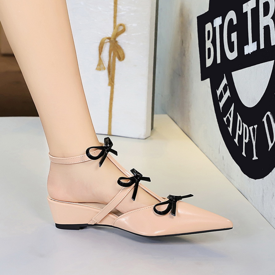 French Style Women's Pointed Toe Bowknot Wedge Heeled Slippers_voghion.com