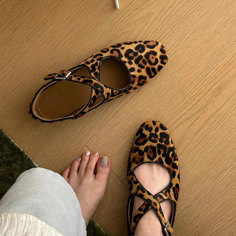 In-Stock Version ~ Niche Genuine Leather Leopard Print Cross Soft Ballet Shoes with Horsehair Mary Jane Shallow Flat Shoes