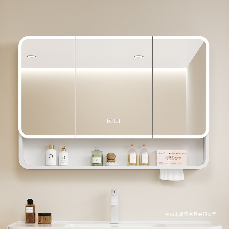 Heightened Space Aluminum Bathroom Mirror Cabinet, Separate Bathroom Wall-Mounted Defogging Mirror with Light Storage Integrated Storage Rack