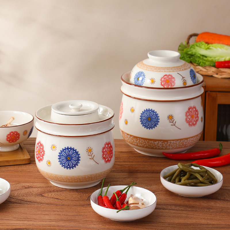 Ceramic Sichuan Pickled Pepper Pickled Vegetable Jar with Inner Lid Household Pickled Vegetable Tank Pickled Vegetable Tank Sealed Traditional Old-fashioned Pickled Vegetable Tank