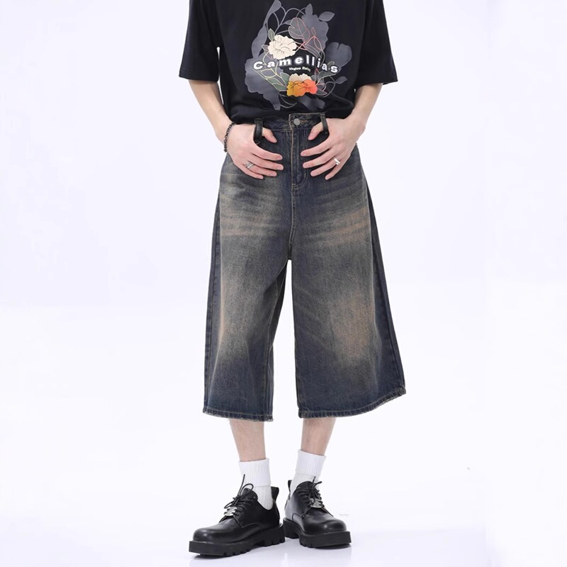 American retro loose-fit washed distressed men's denim shorts, summer high street design wide-leg mid-length pants