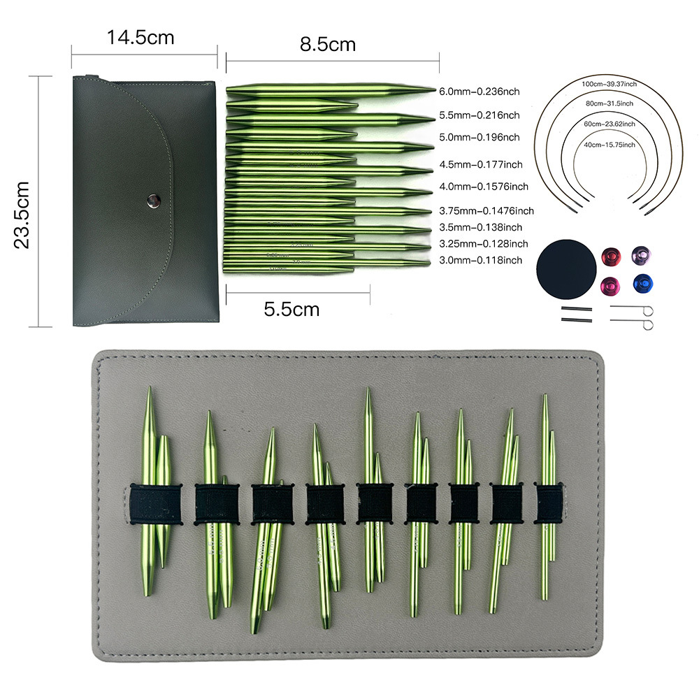 Agujas de lana transfronterizas verde de óxido de aluminio desmontables de manga 5 + 8 agujas de suéter de cambio de cuerda un conjunto de 9 pagos