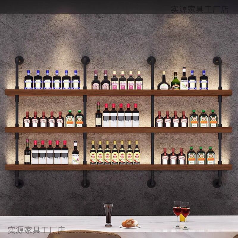 新款墙上酒架餐厅酒吧烧烤店吧台壁挂式靠墙铁艺多层实木置物架子