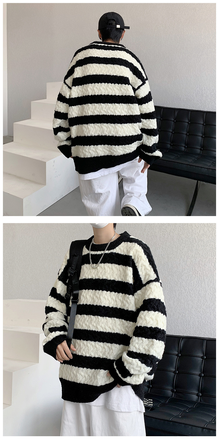 Men's Striped Sweater For Men Oversized Crew Neck Knit Jumper_voghion.com