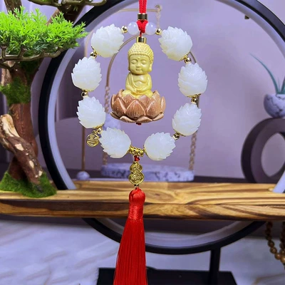 Car Hanging Decoration Boxwood Single Ring Double Ring Small Buddha Pendant Car Bodhi Lotus Car Interior Rearview Mirror Decoration Supplies (Car hanging) - single-circle-lotus-red