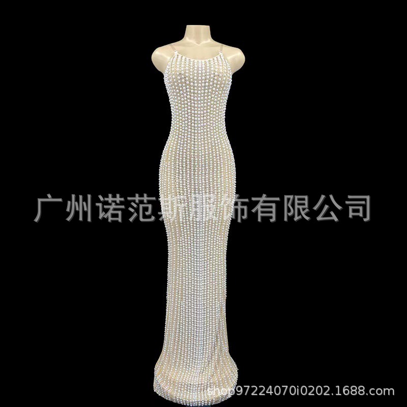 Evening Dress Made in Shiny Pearl Sequins Formal Elegant Ball Gown Stunning Light Luxury Sleeveless Party Korean Style