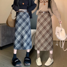 毛呢格子半身裙女2024年新款秋冬季个性高腰A字包臀后开叉中长裙