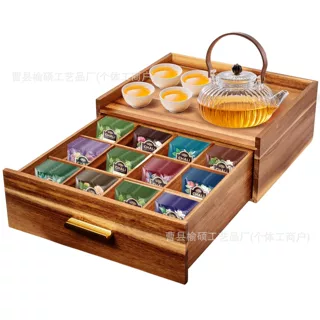 新款抽屉式木质茶包收纳盒分格桌面储物盒功夫茶具配件收纳木盒
