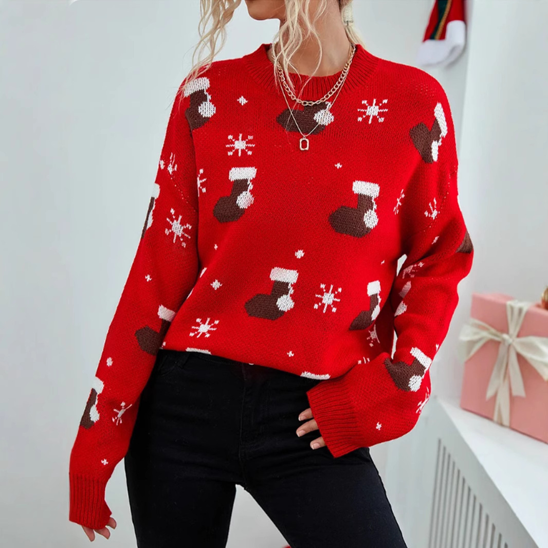 Christmas Knit Sweater For Women - Cozy Oversized Pullover With Festive Patterns, Soft Polyester Long Sleeve Tunic_voghion.com