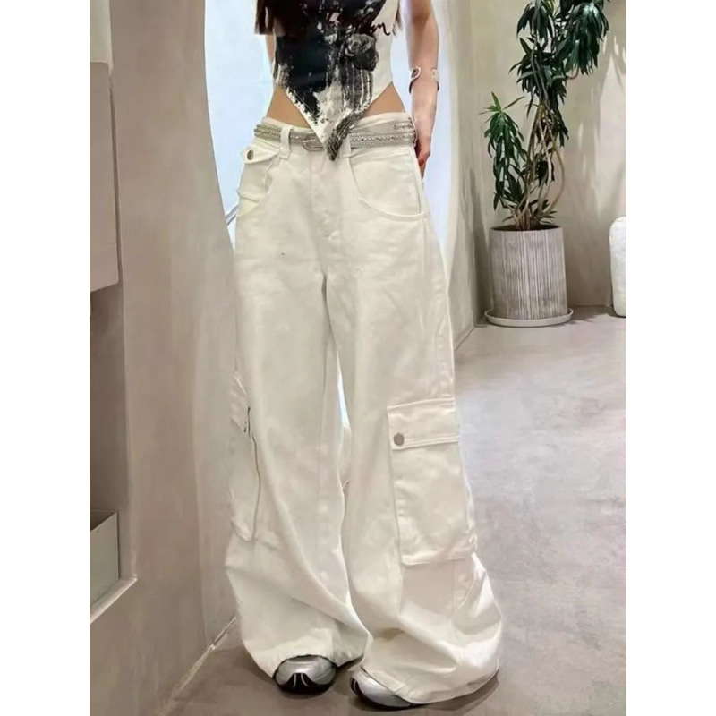 American-Style Heavy-Duty Multi-Pocket White Cargo Pants for Women 2025 Autumn Trendy Loose Straight Slimming Wide-Leg Jeans