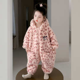 儿童连体睡衣女童秋冬法兰绒女孩宝宝双层睡袋珊瑚绒卡通家居爬服