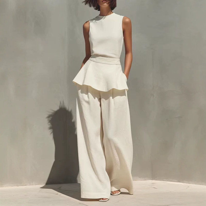 2026 European and American cross-border Amazon new women's sleeveless vest and wide-leg pants cotton and linen two-piece set