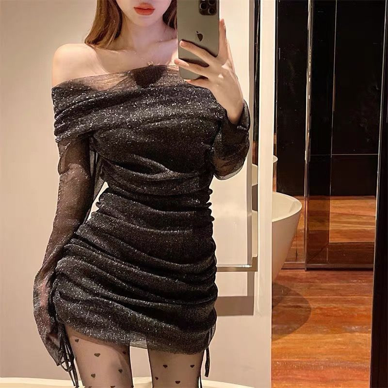 Sexy off-shoulder Tube-shaped dress Women's Early Autumn New Design Sense Mesh Slim-fit Slim-fit Hip Dress