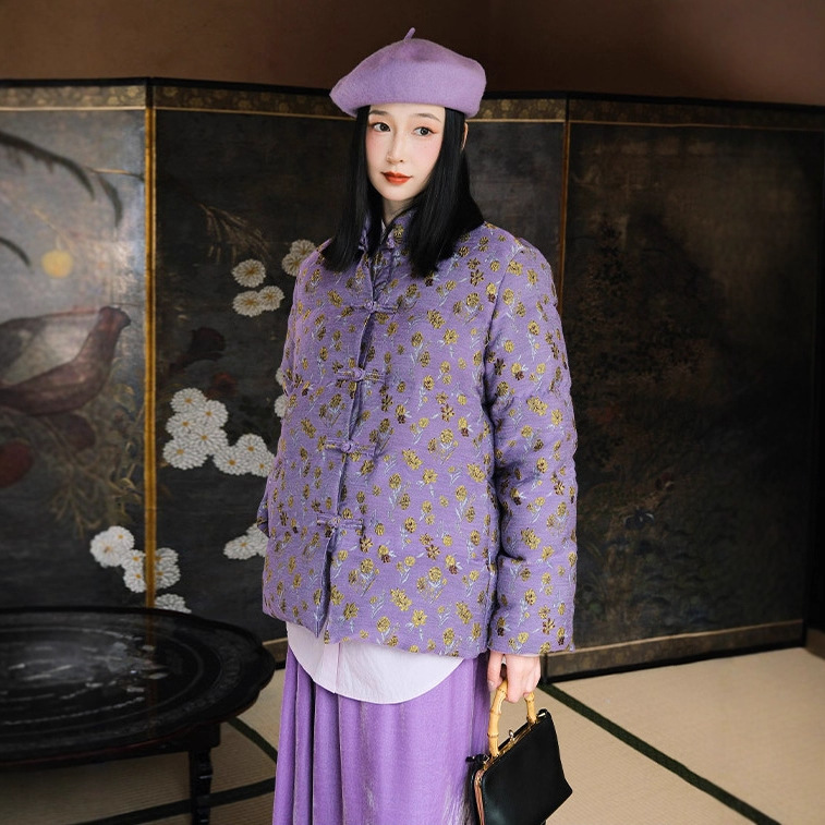 2026 New Chinese Style White Duck down Jacket 90% down Women's Short Jacquard Button Cotton Coat C1125