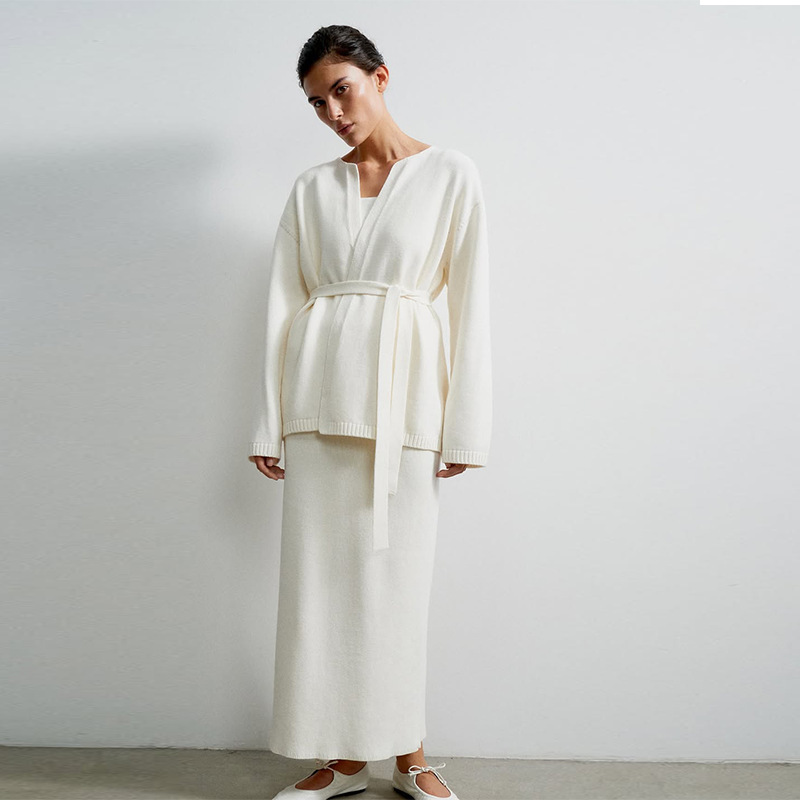 2025 New Autum Women's Clothing European and American Amazon Cross-Border Export Simple Knitted Plain Pure Color Long Skirt Three-Piece Set