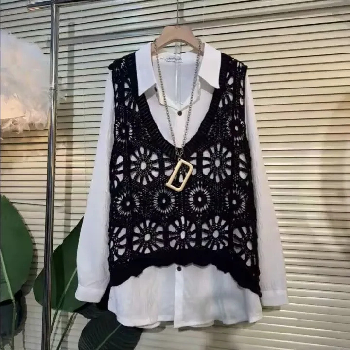 Plus-Size Mid-Length Solid Color Hollow Knit Vest Summer 150kg Extra-Large Vintage Versatile Sleeveless Women's Vest