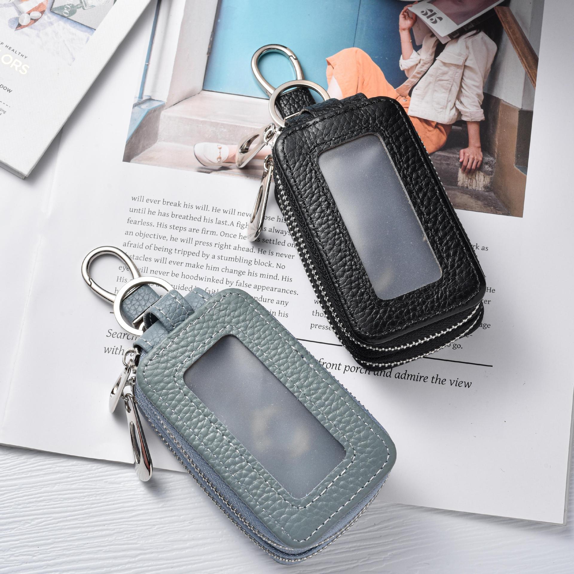 Large-capacity storage first-layer cowhide double-layer zipper car key case genuine leather keychain waist-hanging unisex