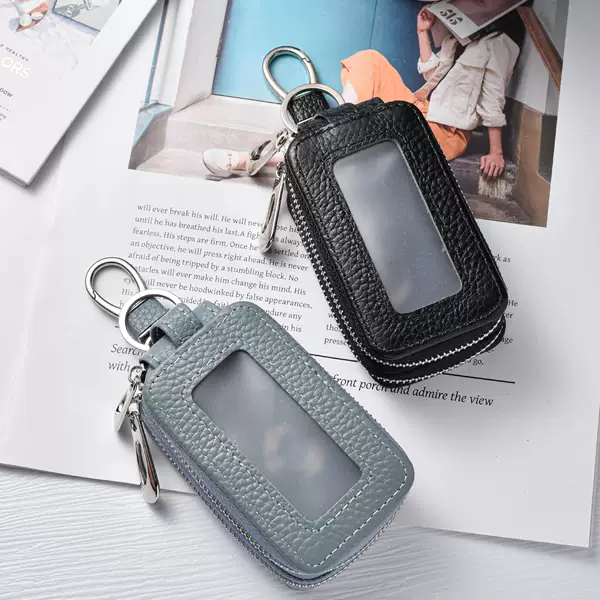 Large-capacity storage first-layer cowhide double-layer zipper car key case genuine leather keychain waist-hanging unisex
