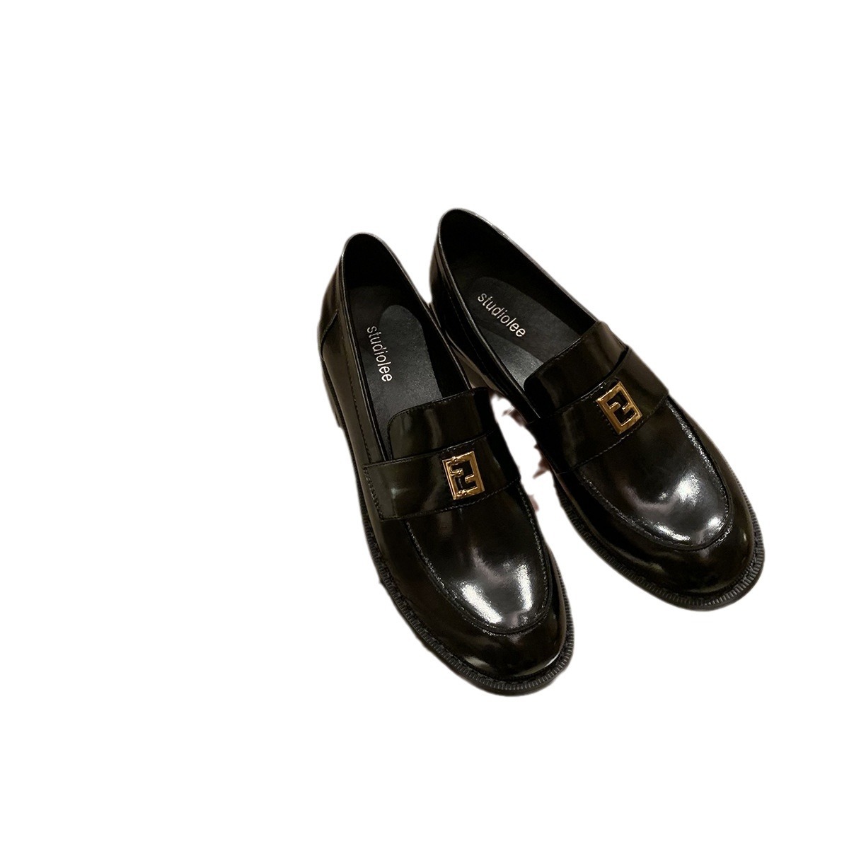 Grape Mom primavera nuevo estilo dorado pequeño botón cuadrado estilo británico cabeza redonda salvaje tacón grueso Lefu zapatos de cuero pequeño mujer