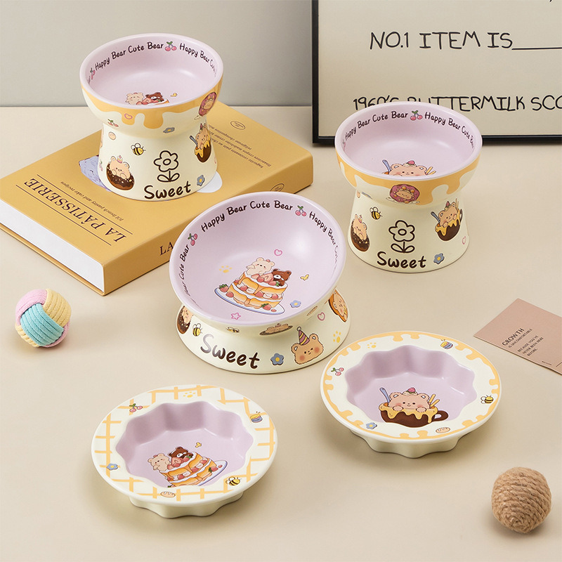 New Cute Cartoon Cat Bowl with High Legs to Prevent Overturning, High-Looking Cat Food Bowl, Large Diameter Neck Protection Ceramic Pet Bowl