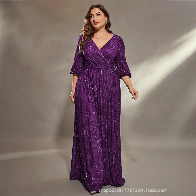 European and American Cross-Border New Large Size Evening Dress Sequined Elegant V Neck Mid-Sleeve Large Hem Slim Dress Banquet Dress