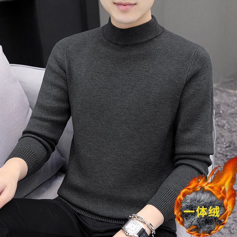 가을과 겨울 니트 라인 옷 따뜻한 긴팔베이스 셔츠 반 높이 목 솔리드 컬러 스웨터 남자 기모 두껍게 느슨한