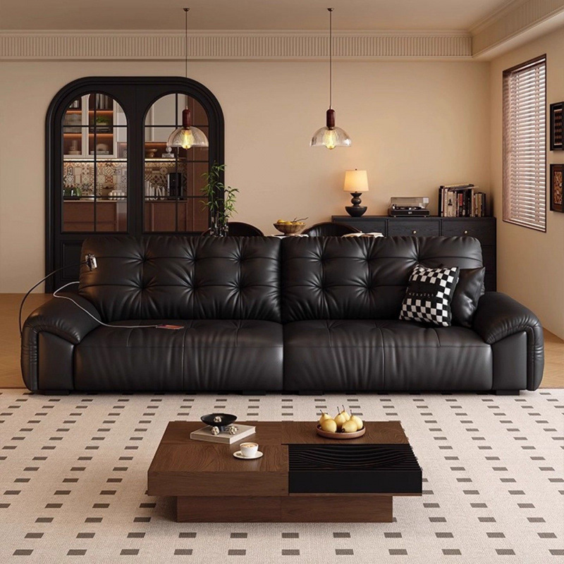 New Italian minimalist genuine leather sofa for living room, small space, space-saving cowhide straight-line black light-luxury cloud leather design