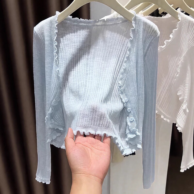 Blue Ice Silk Knit Thin Cardigan for Women, Summer Wear, Paired with a Slip Dress, Thin Slightly Sheer Shawl Collar Ruffle Blouse Blue Ice Silk Knit Thin Cardigan for Women, Summer Wear, Paired with a Slip Dress, Thin Slightly Sheer Shawl Collar Ruffle Blouse