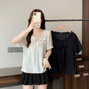 Clear Real Shot 2025 Summer New Fat mm Large Size Women's Lace Short-Sleeved Shirt French Commuter Top 64695