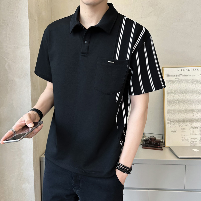 Heavyweight Pique Cotton Men's Summer Loose Short-Sleeve Polo Shirt, Trendy Breathable Men's Striped Turn-Down Collar T-Shirt