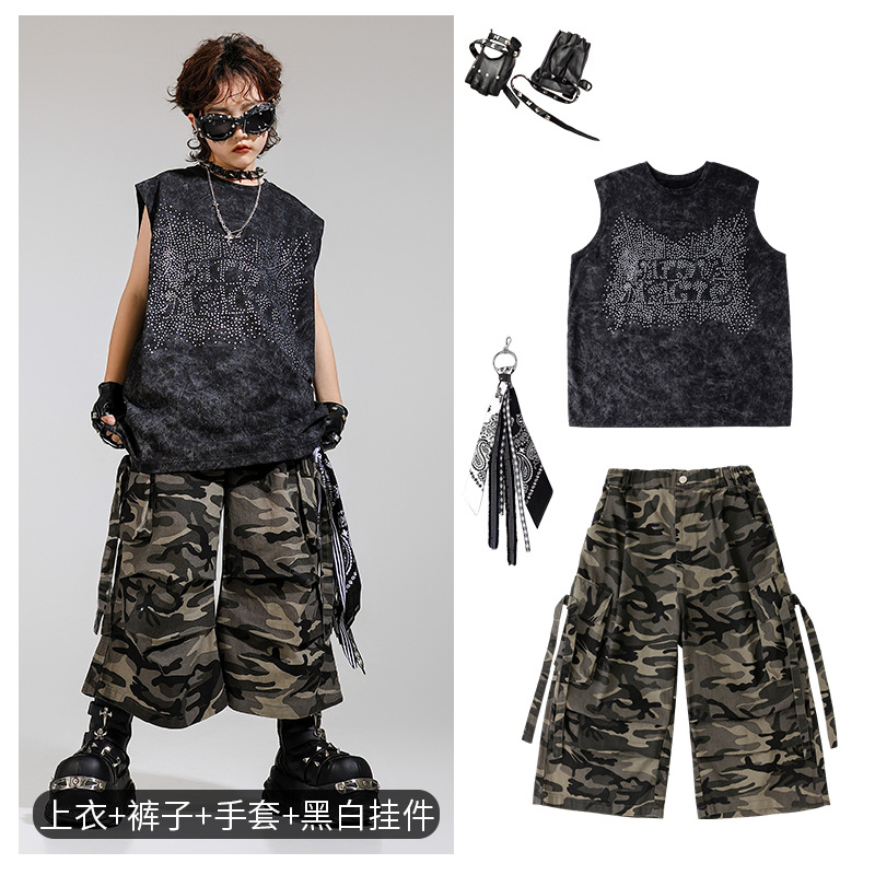 Disfraz de niño de baile callejero para niños, traje de chaleco sin mangas de diamantes calientes para niños guapos