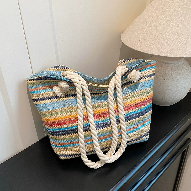 Модная женская сумка в радужную полоску, сумка на плечо, женская сумка, новинка 2025 года, тканая большая сумка, большой вместительный повседневный рюкзак для поездок на работу