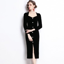 秋冬新款法式赫本风开叉长裙黑色金丝绒修身显瘦包臀连衣裙