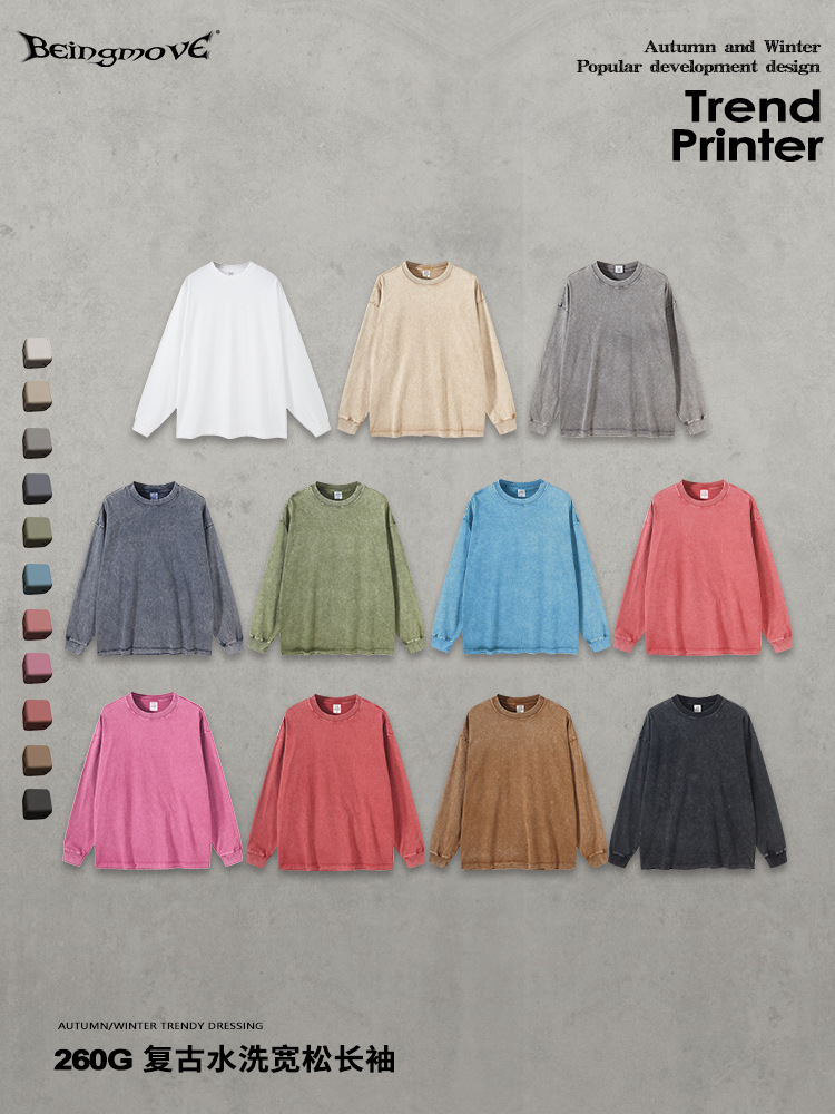 Camisetas de Manga Larga de Algodón Puro, Estilo Retro, Lavadas, de Marca de Moda Europea y Americana para Hombre, Estilo Holgado para Adolescentes, Exportación 2025